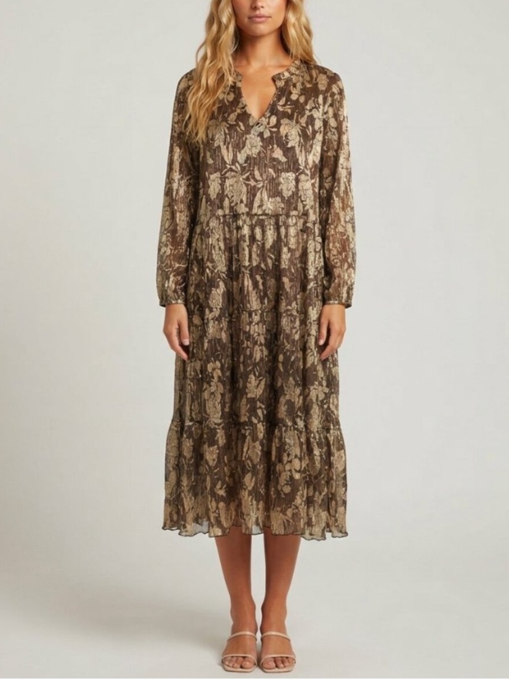 Soft Surroundings Metallic Black Gold Long Sleeve Midi Dress 2X 57057